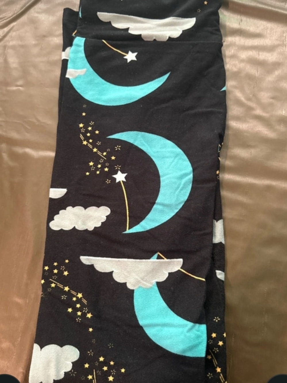 LuLaRoe Black Leggings with Aqua Moon, White Cloud & Gold Star Print